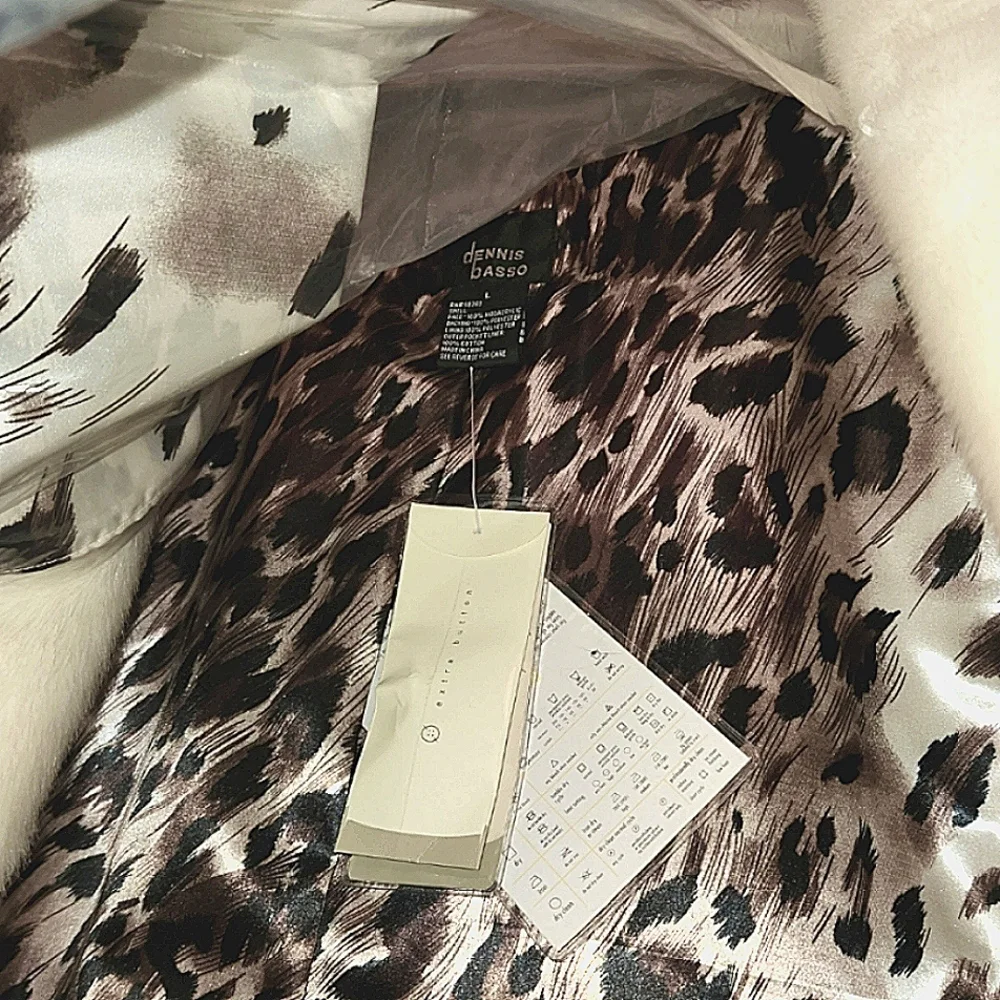 BNWT Rare DENNIS BASSO White Fur Leopard Silky Lining Pea Coat Belt - Picture 3 of 5